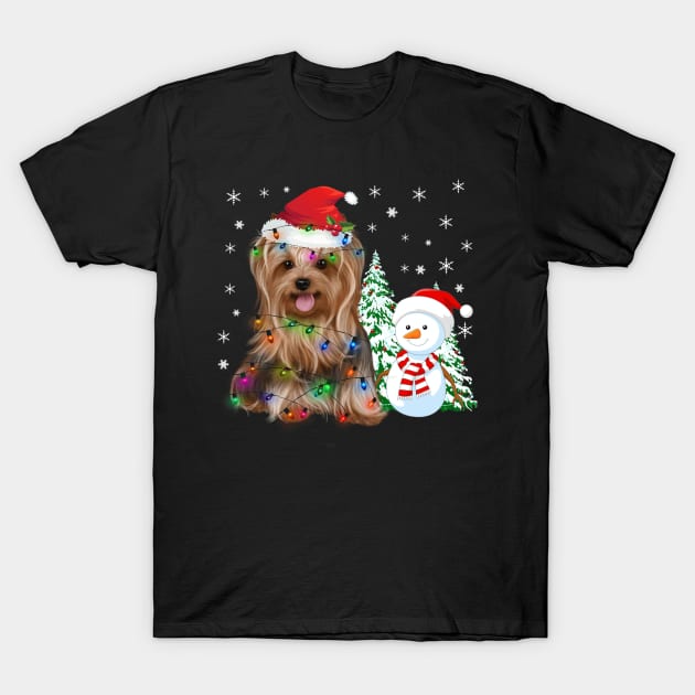 Yorkshire Terrier Christmas Santa Hat Xmas Lights Yorkie Dog T-Shirt by Beker